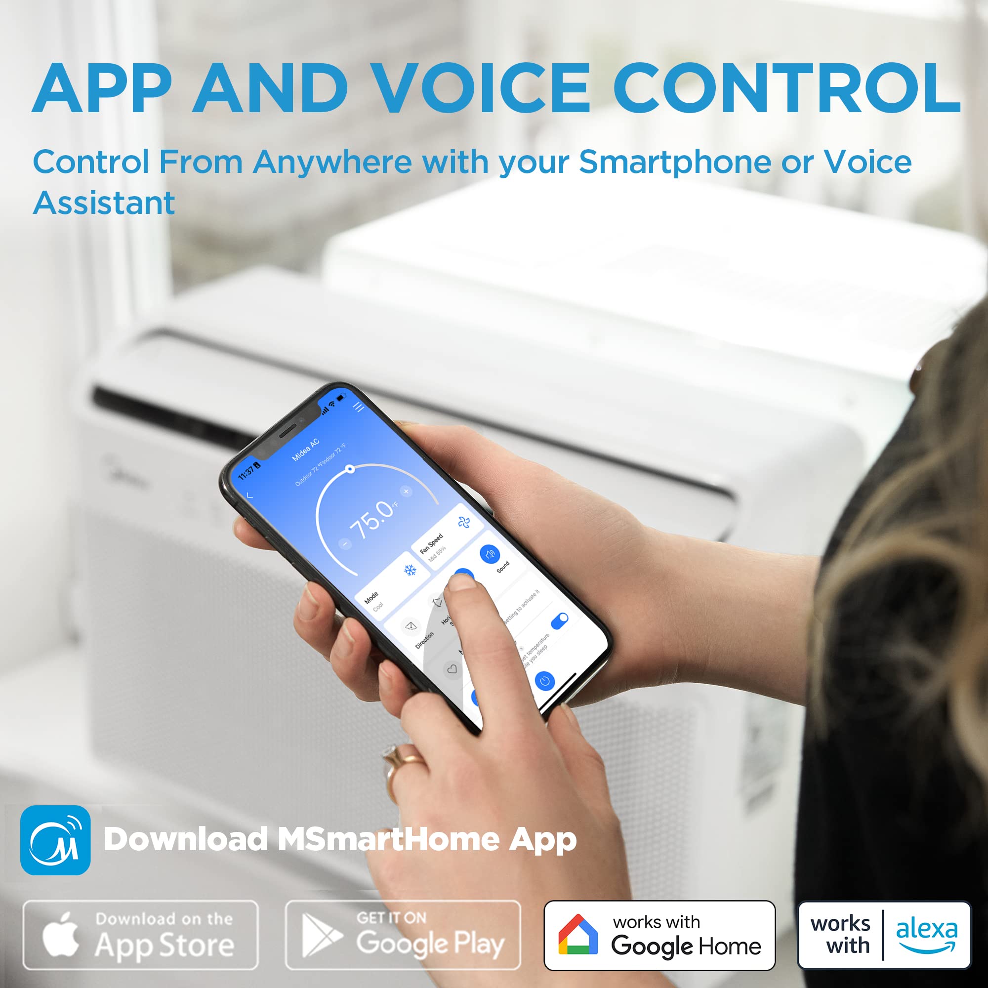 testMidea 8,000 BTU U-Shaped Smart Inverter Air Conditioner u2013Cools up to 350 Sq. Ft., Ultra Quiet with Open Window Flexibility, Works with Alexa/Google Assistant, 35% Energy Savings, Remote Control