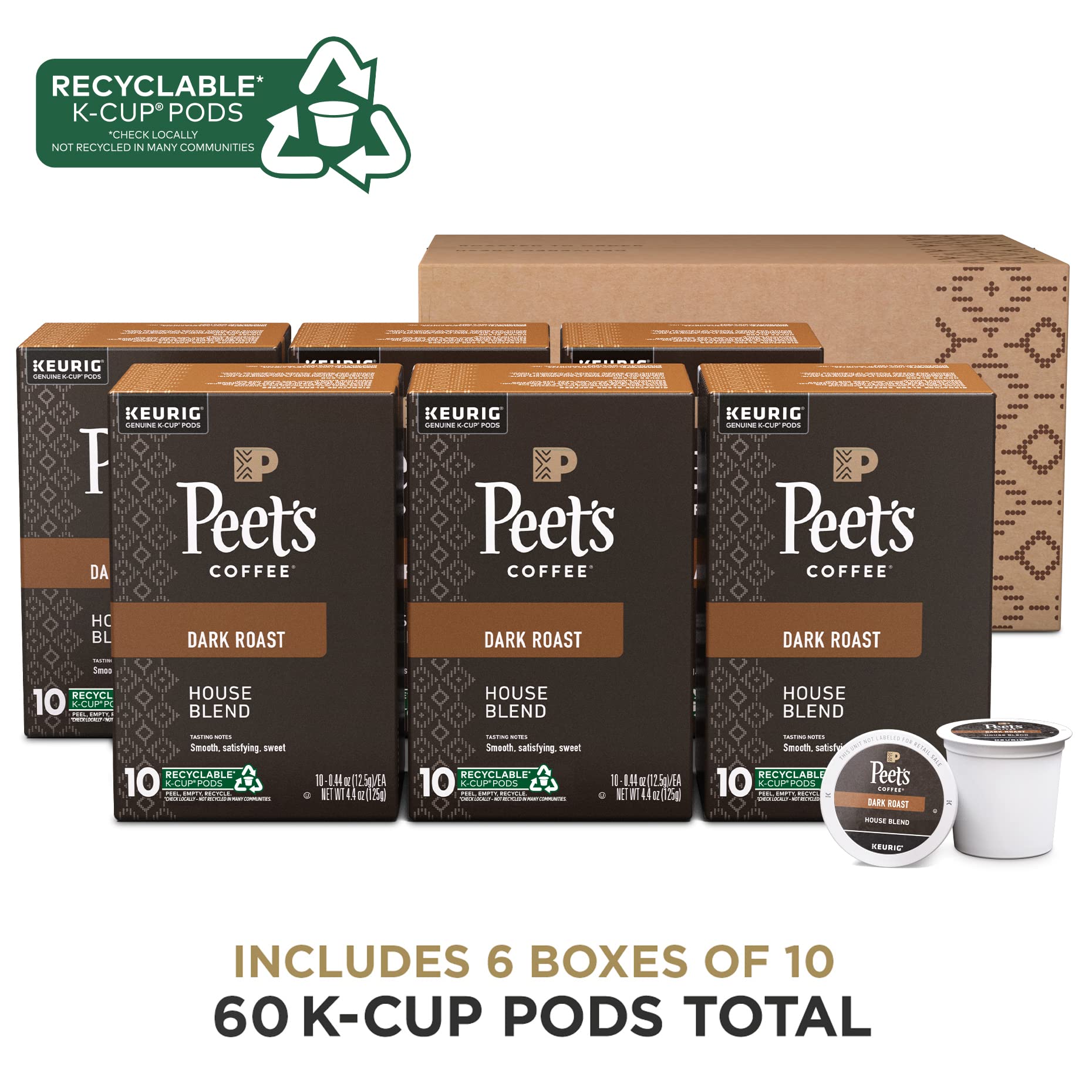 testPeet's Coffee, Dark Roast K-Cup Pods for Keurig Brewers - House Blend 60 Count (6 Boxes of 10 K-Cup Pods)