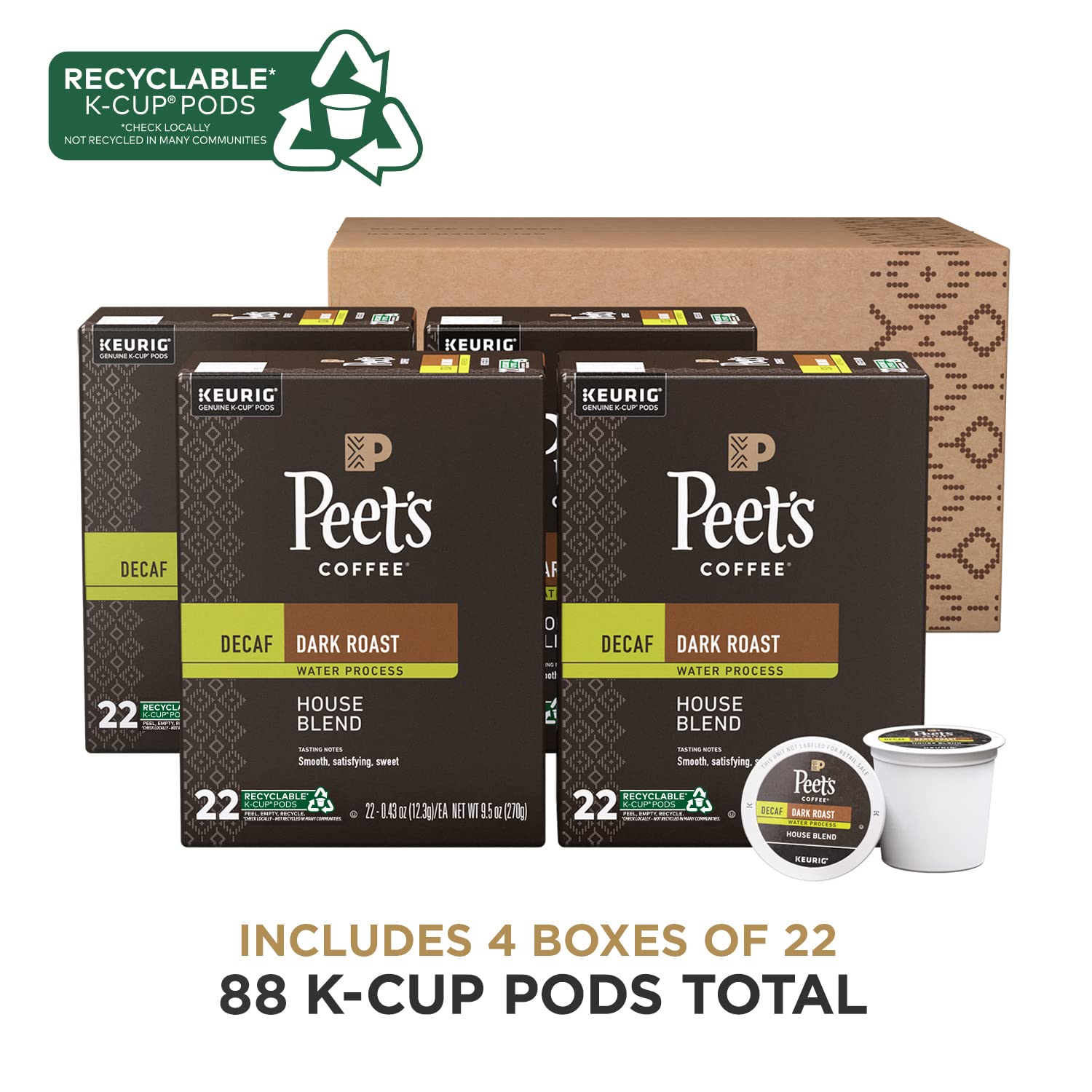 testPeet's Coffee, Dark Roast Decaffeinated Coffee K-Cup Pods for Keurig Brewers - Decaf House Blend 88 Count (4 Boxes of 22 K-Cup Pods)