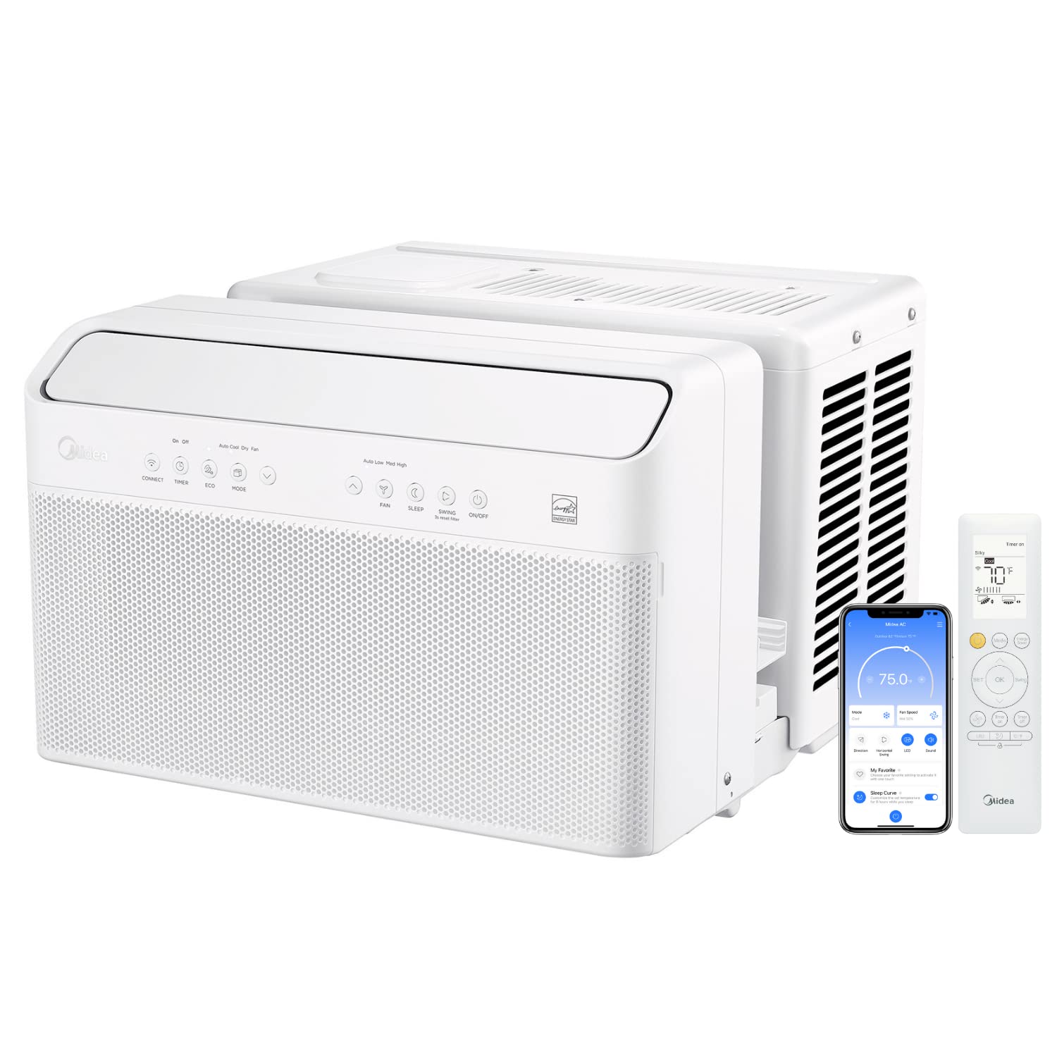 testMidea 8,000 BTU U-Shaped Smart Inverter Air Conditioner u2013Cools up to 350 Sq. Ft., Ultra Quiet with Open Window Flexibility, Works with Alexa/Google Assistant, 35% Energy Savings, Remote Control