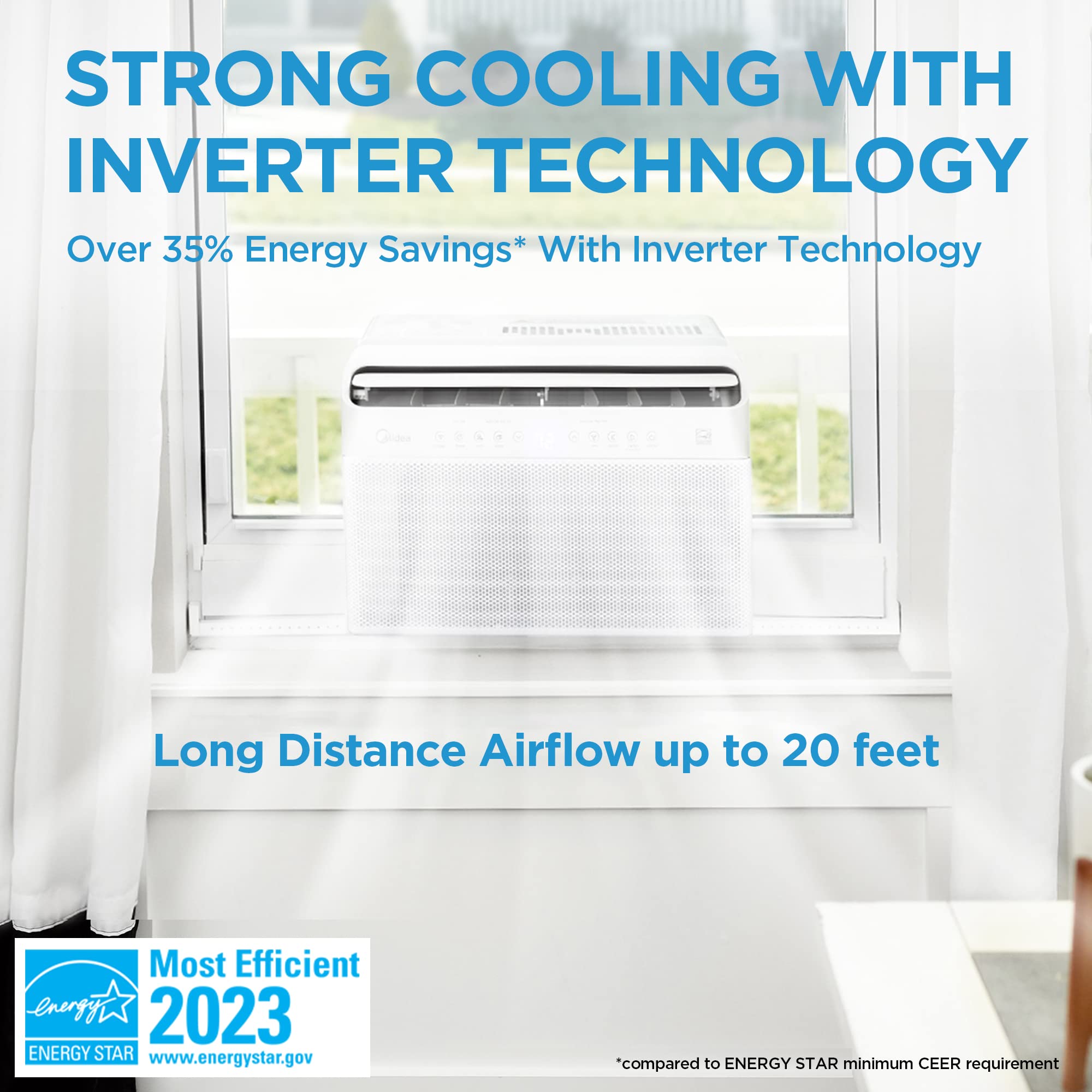 testMidea 8,000 BTU U-Shaped Smart Inverter Air Conditioner u2013Cools up to 350 Sq. Ft., Ultra Quiet with Open Window Flexibility, Works with Alexa/Google Assistant, 35% Energy Savings, Remote Control